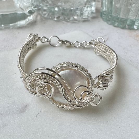 Freshwater Pearl Silver Woven Bracelet