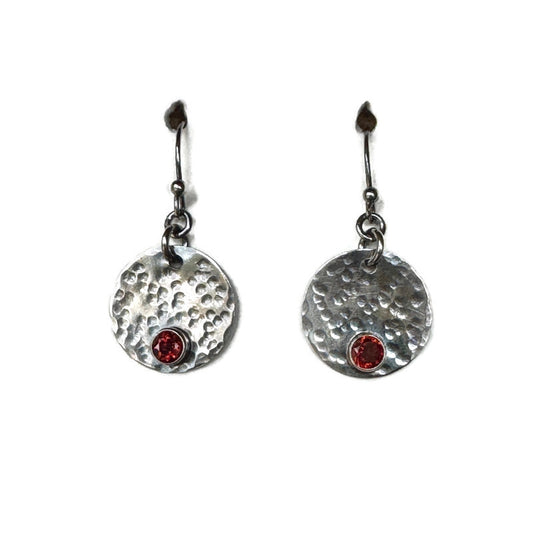 Garnet Hammered Circle Earrings