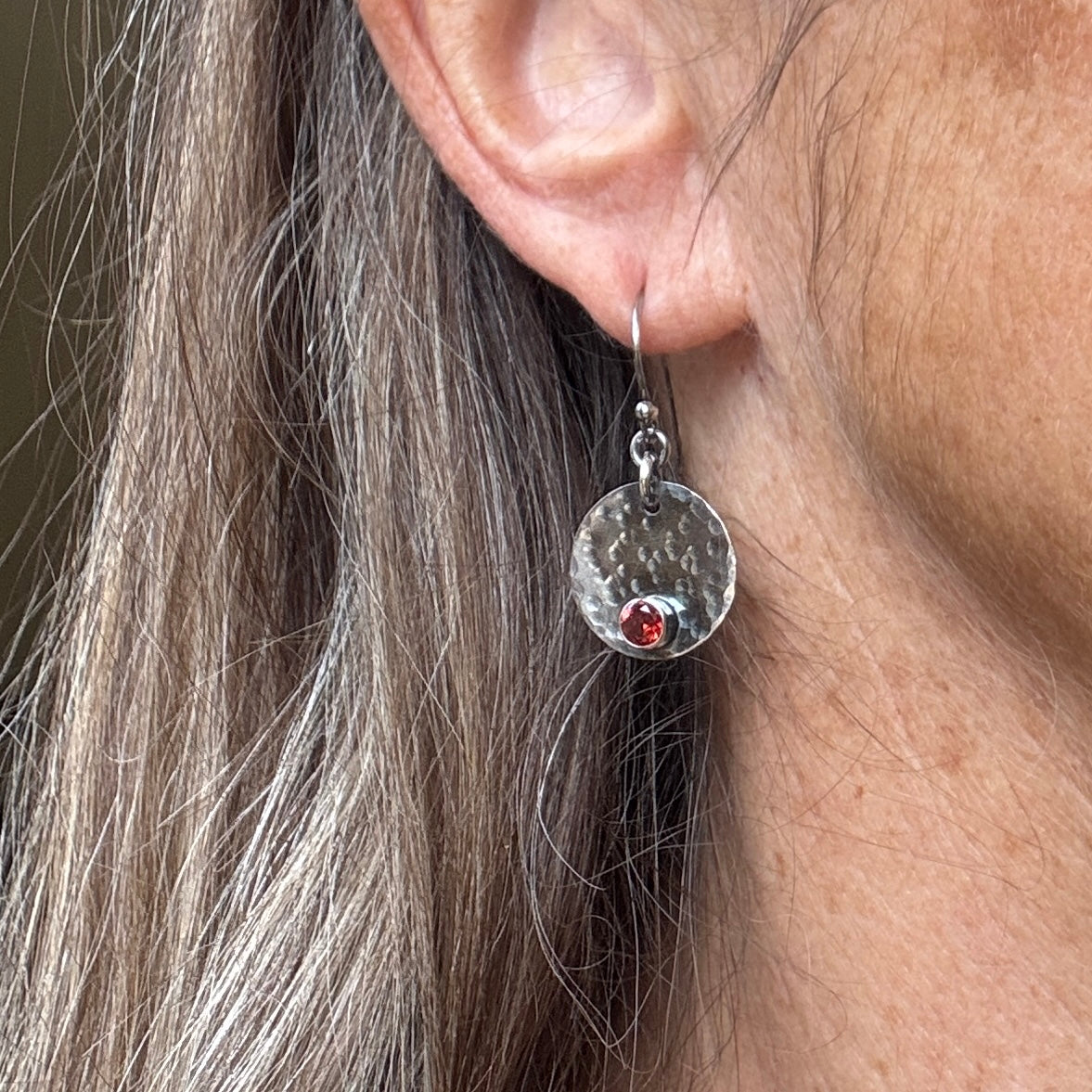 Garnet Hammered Circle Earrings