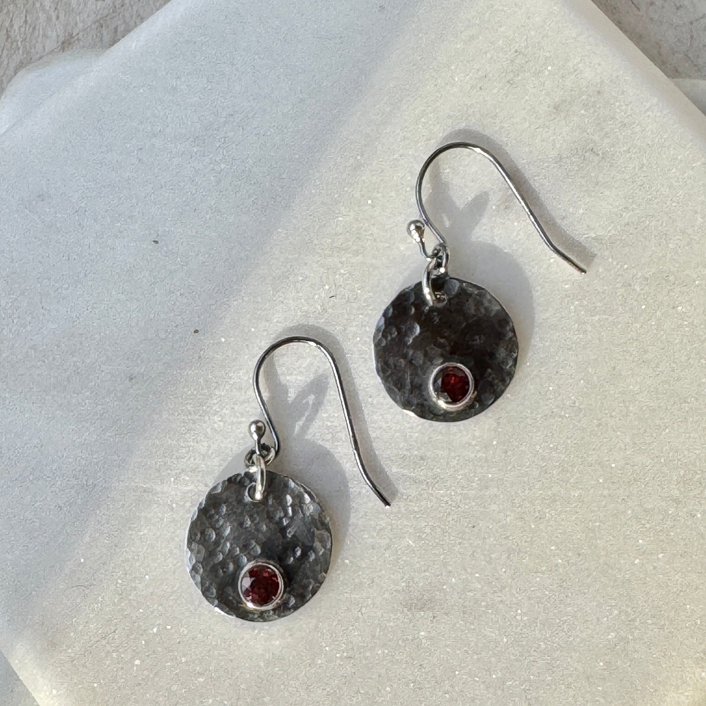 Garnet Hammered Circle Earrings