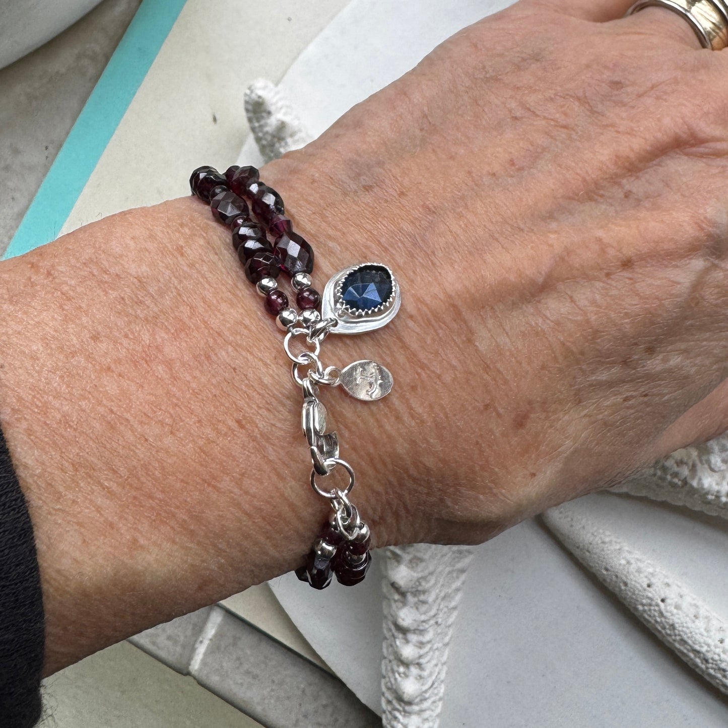 Garnet double strand Bracelet with Labradorite Char