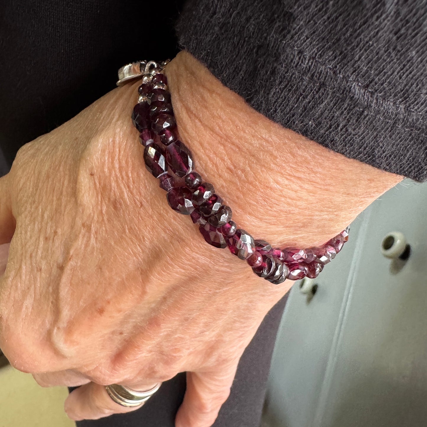 Garnet double strand Bracelet with Labradorite Char