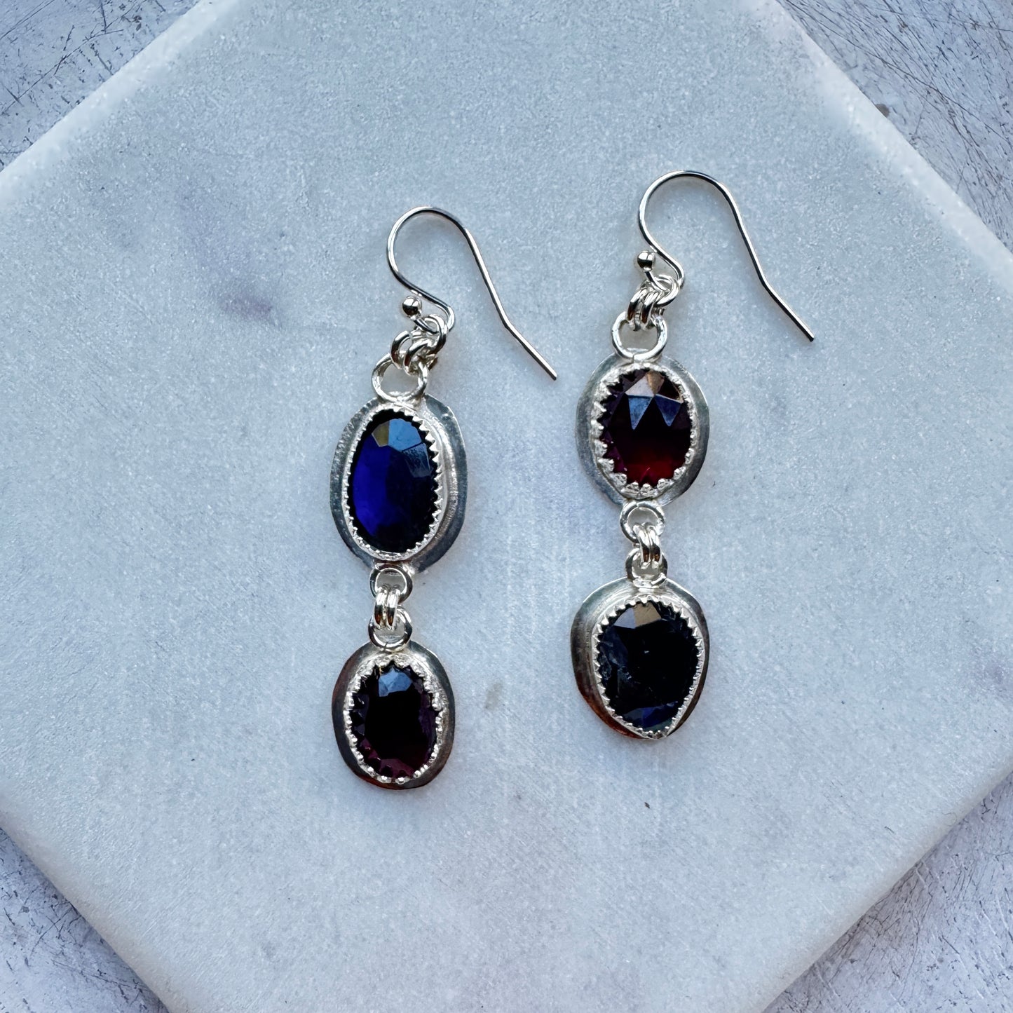 Blue Flash Labradorite & Garnet Asymmetrical Earrings