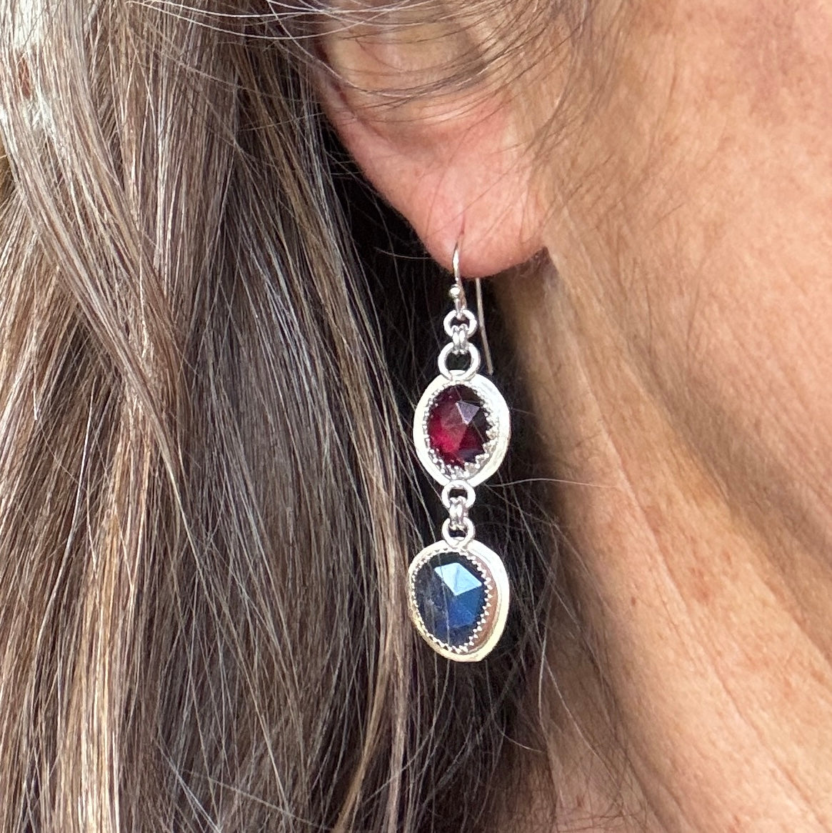 Blue Flash Labradorite & Garnet Asymmetrical Earrings