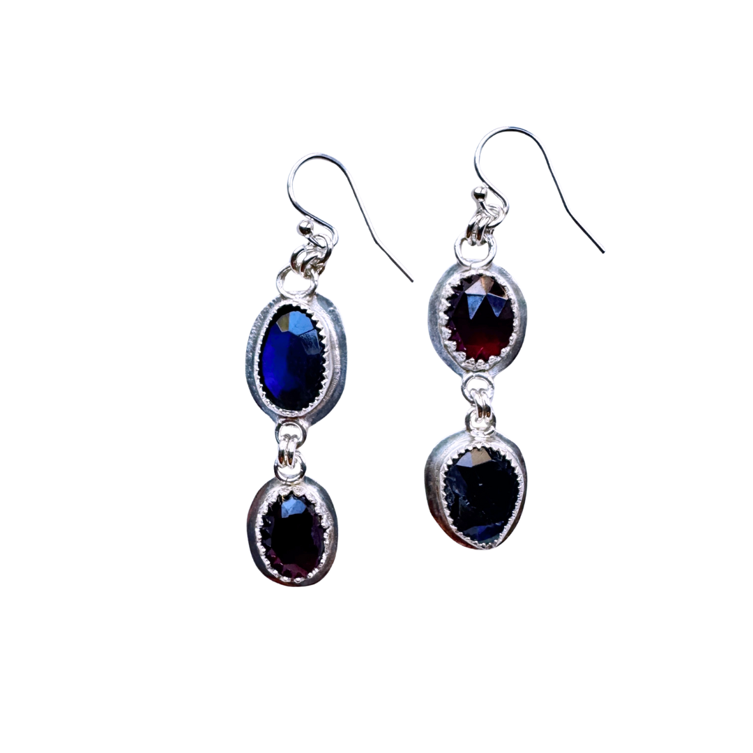 Blue Flash Labradorite & Garnet Asymmetrical Earrings