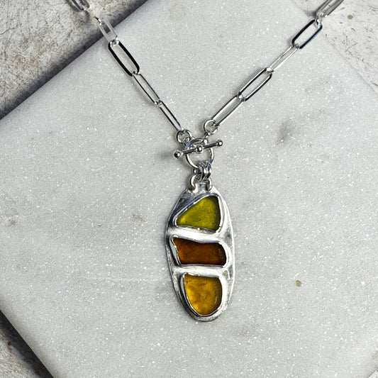 Green, Amber & Honey Sea Glass Toggle Paperclip Necklace