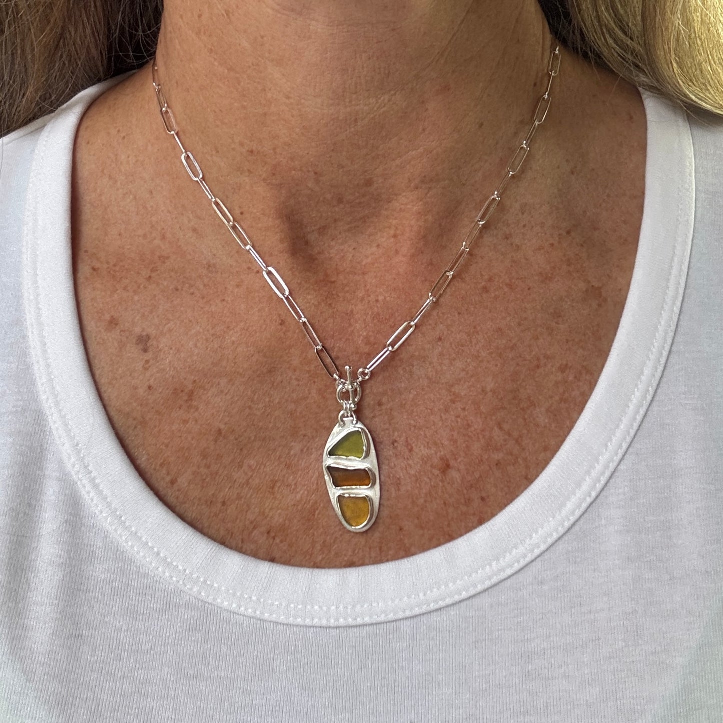 Green, Amber & Honey Sea Glass Toggle Paperclip Necklace