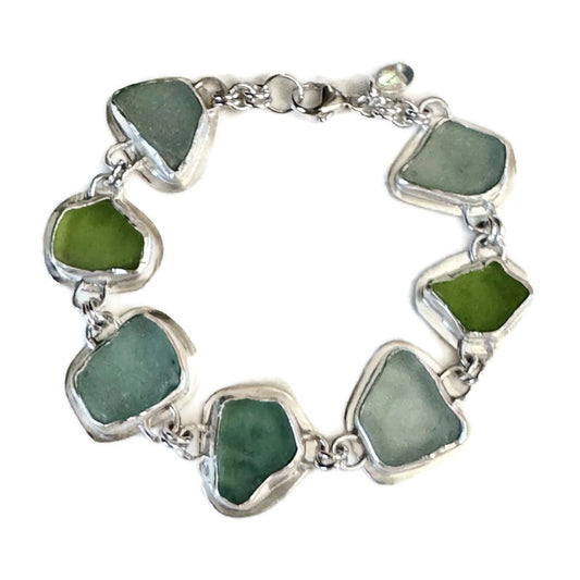 Aqua & Green Natural Sea Glass Sterling Silver Bracelet