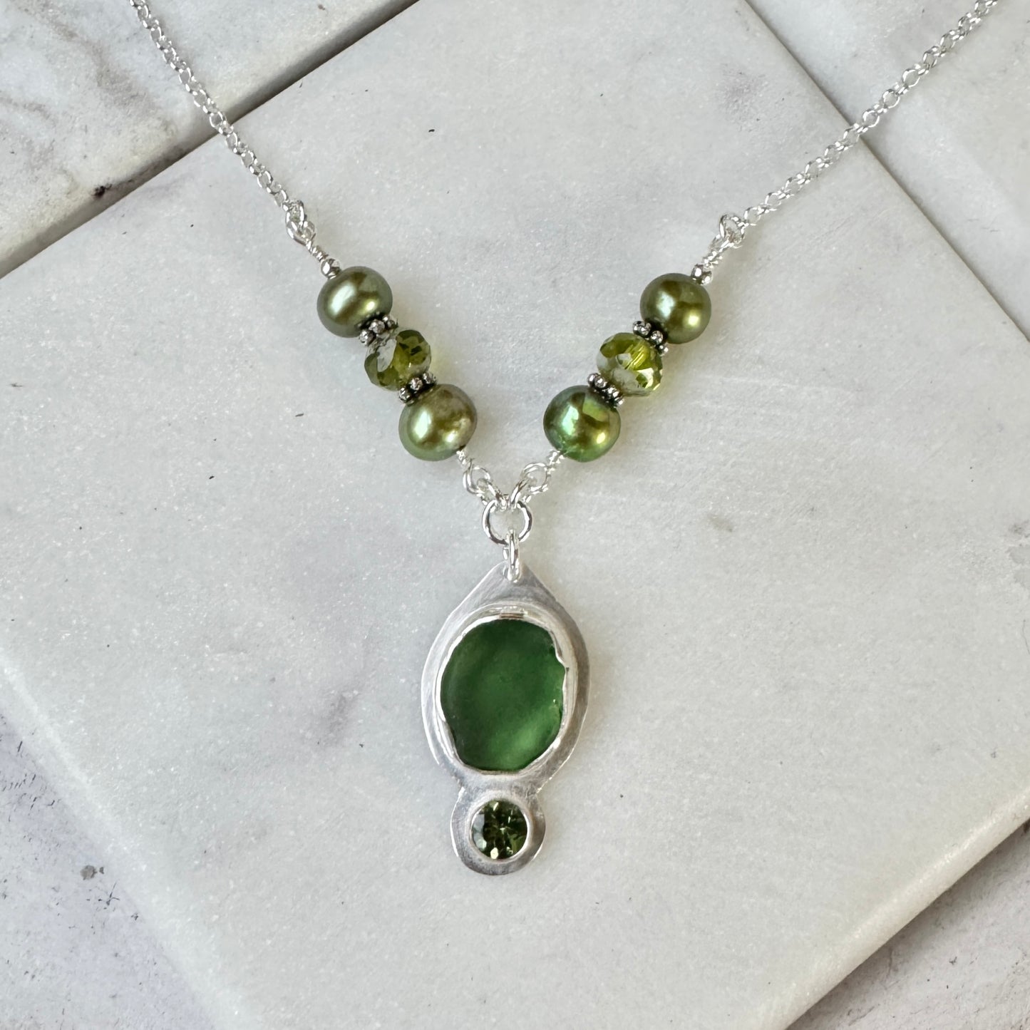 Kelly Green Sea Glass & Green Apatite 2-Stone Necklace
