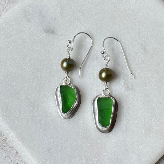 Green Sea Glass & Green Freshwater Pearl Earrings