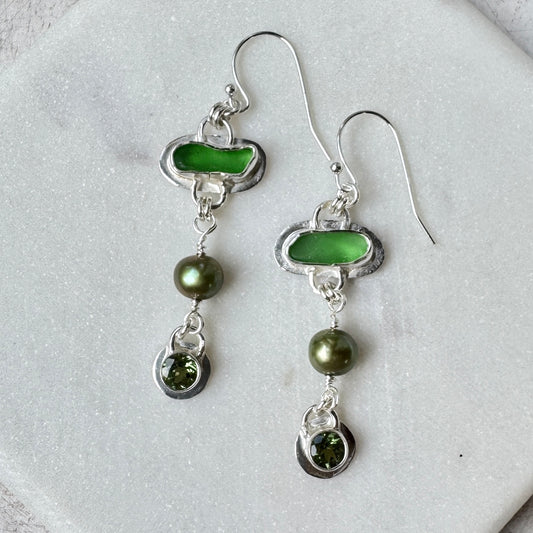 Green Sea Glass, Green FW Pearls & Green Apatite Earrings