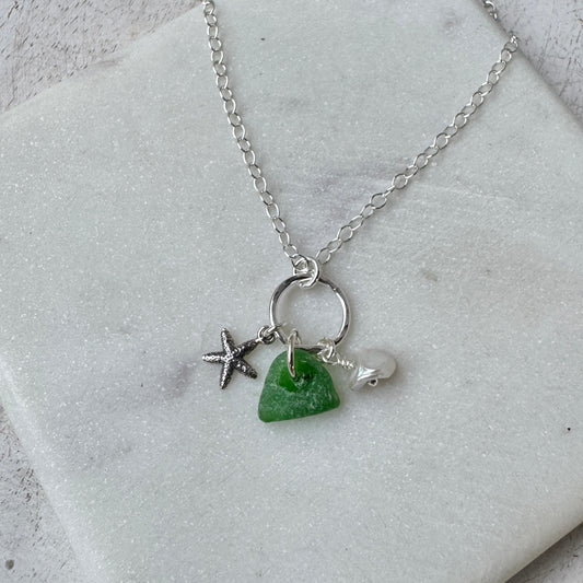 Kelly Green Sea Glass, Pearl & Charm Necklace
