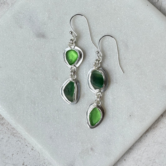 Green Seaham Sea Glass 2-Stone Earrings
