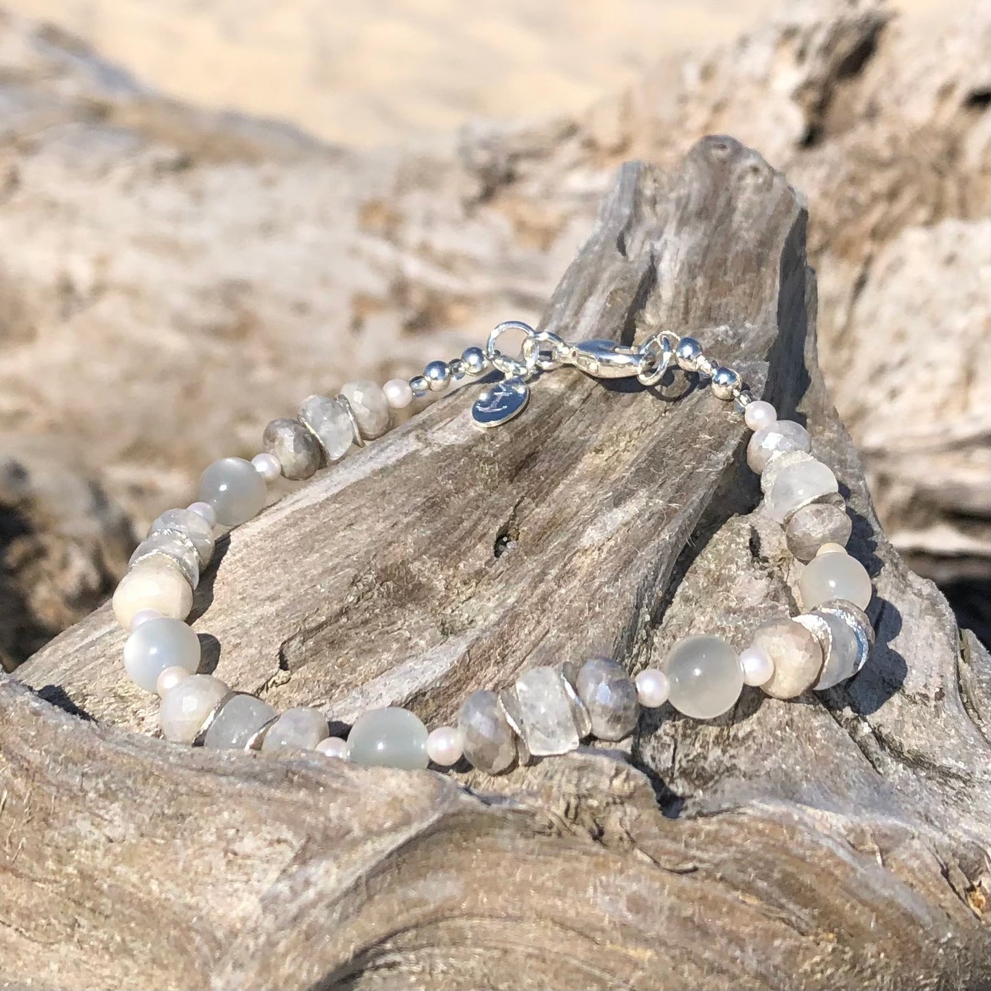 White Rainbow & Grey Moonstone & Pearl Bracelet