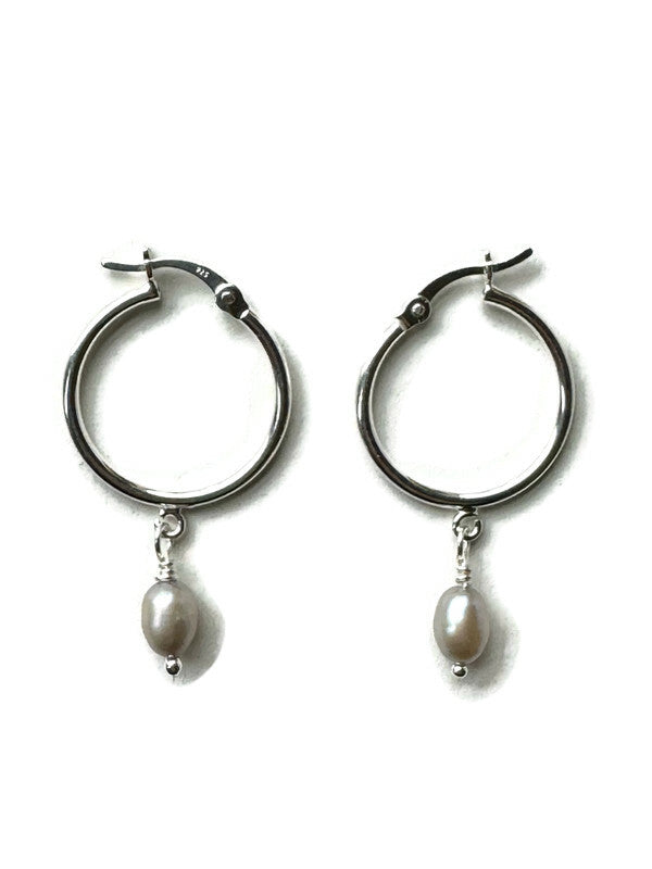 Grey Pearl Silver Hoop Earrings
