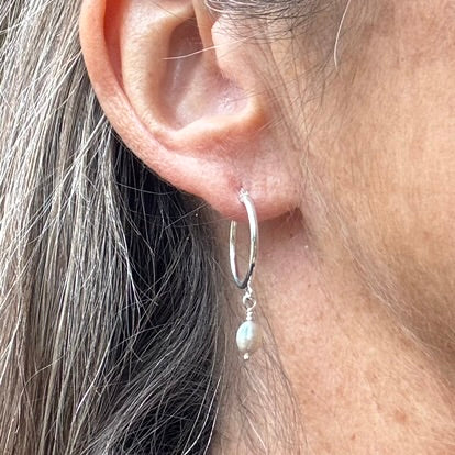 Grey Pearl Silver Hoop Earrings