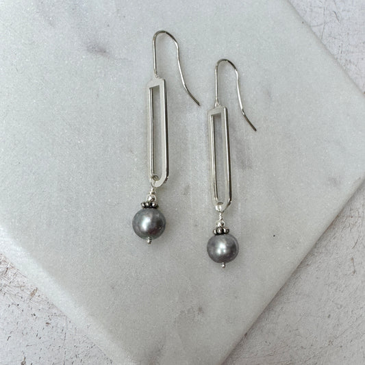 Grey Pearl Rectangular Earrings