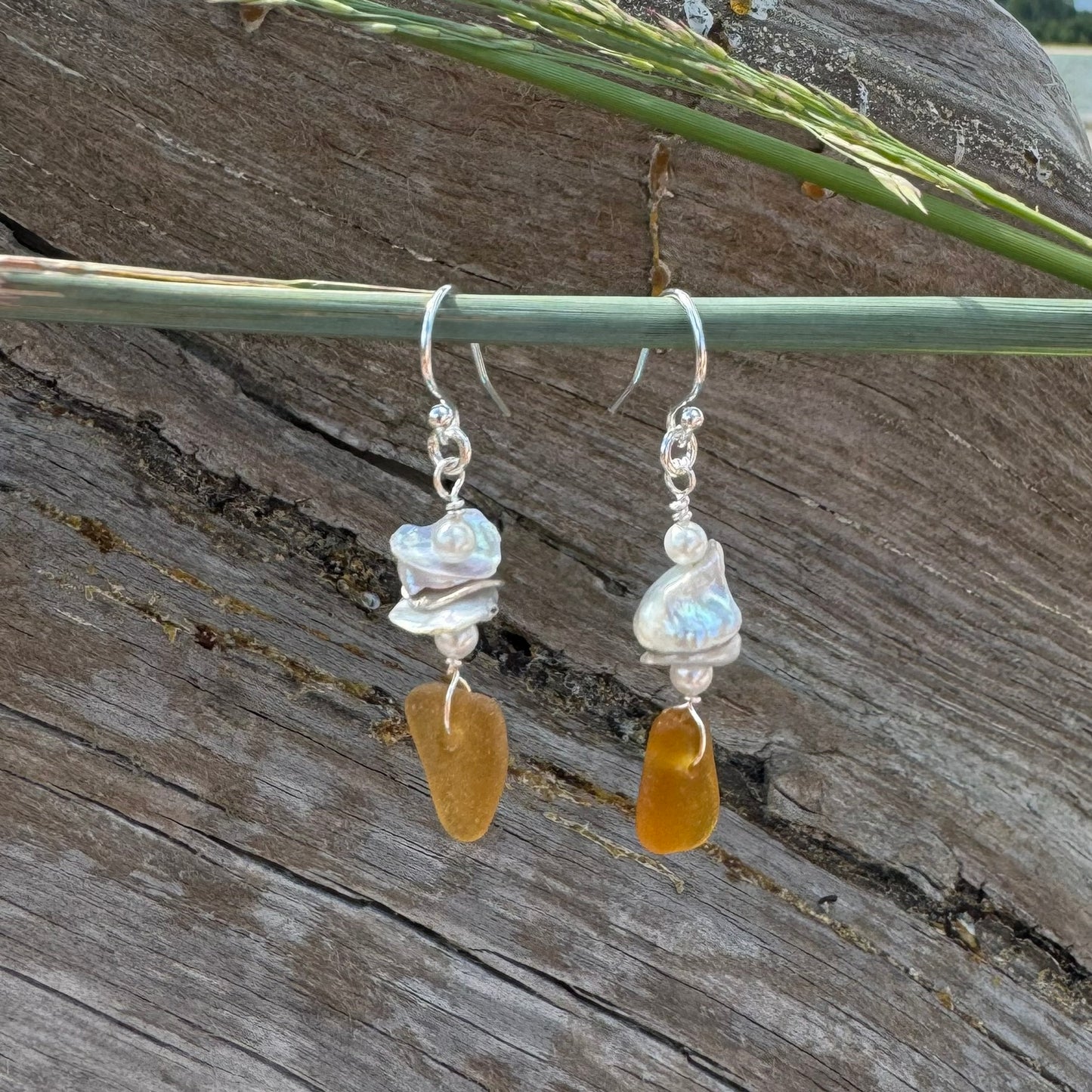 Natural Sea Glass & Pearl Earrings