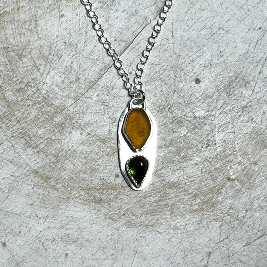 Honey Sea Glass & Green Tourmaline Necklace