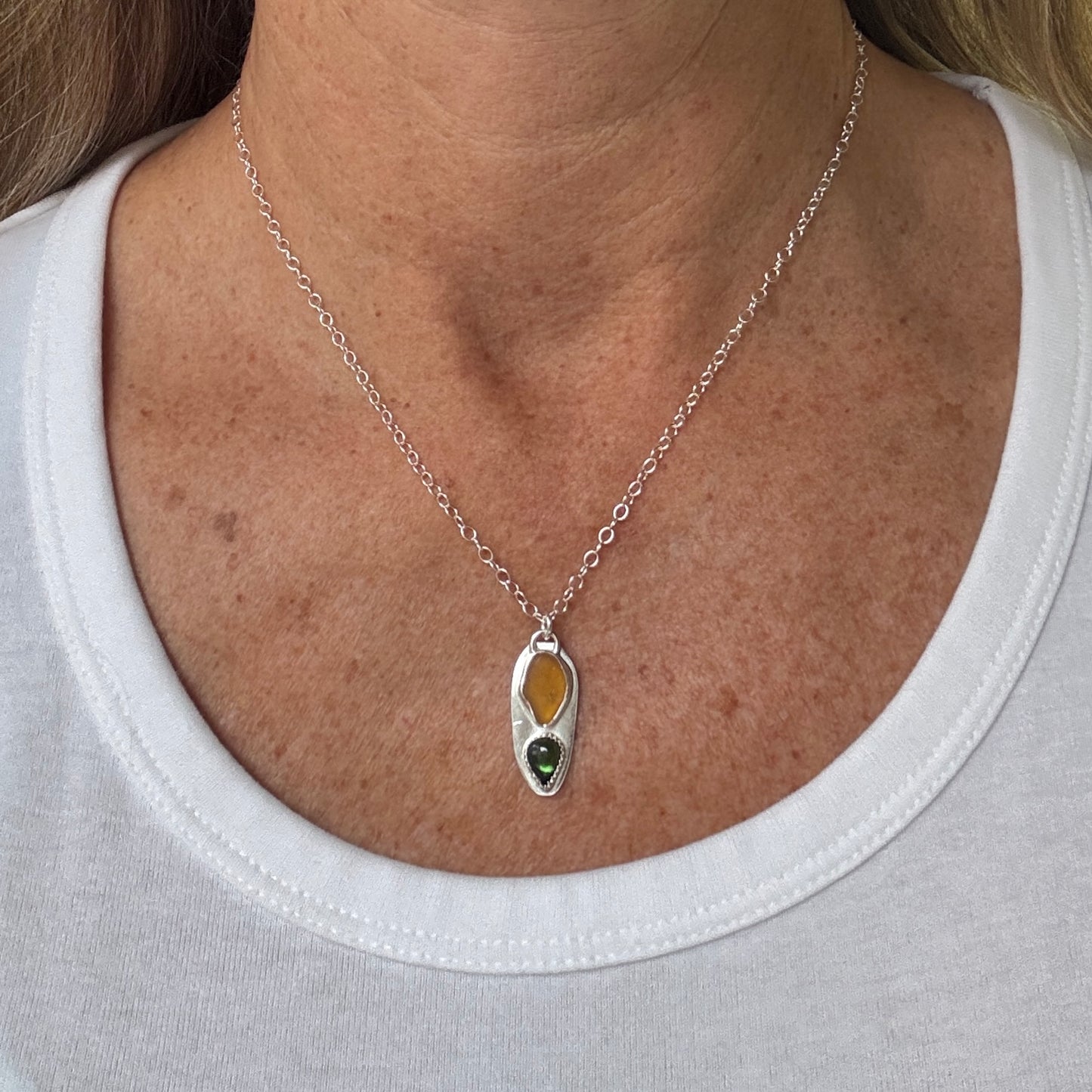Honey Sea Glass & Green Tourmaline Necklace