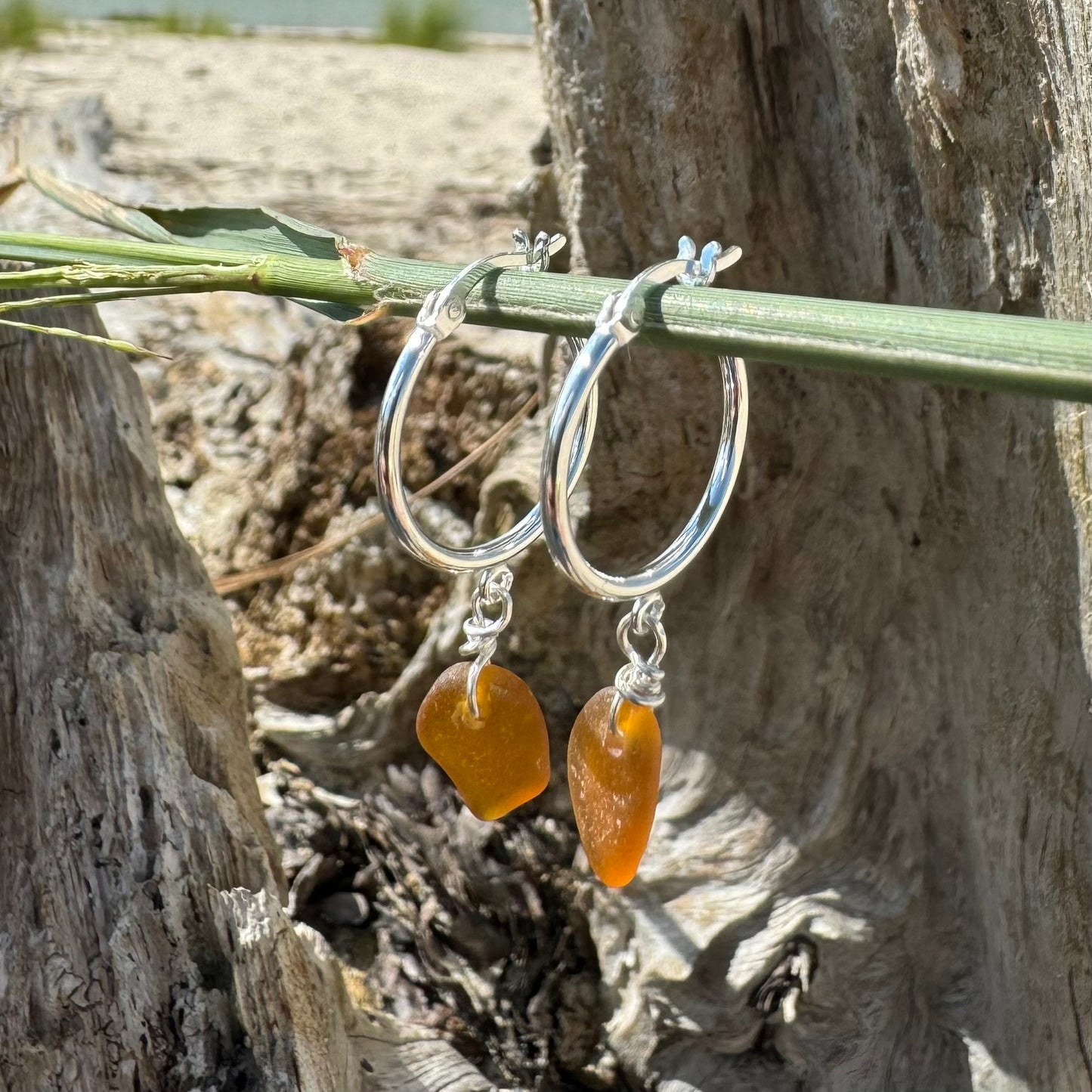 Natural Sea Glass Silver Hoop Earrings