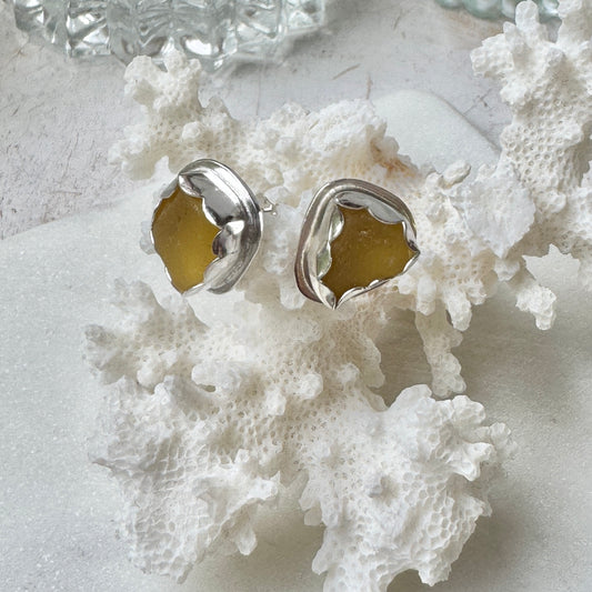 Honey Yellow Sea Glass Post Earrings