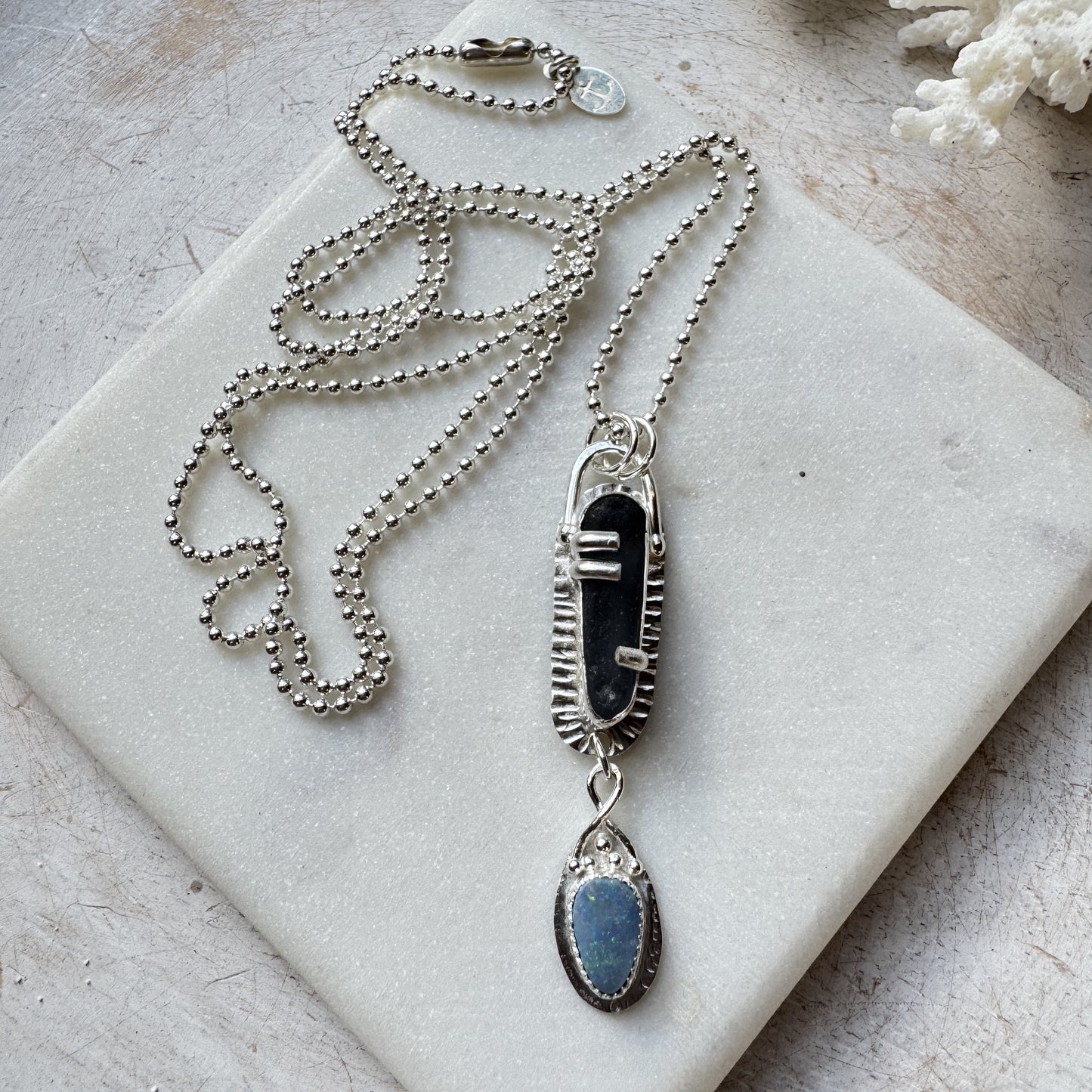 Grey Sea Glass & Australian Opal Necklace