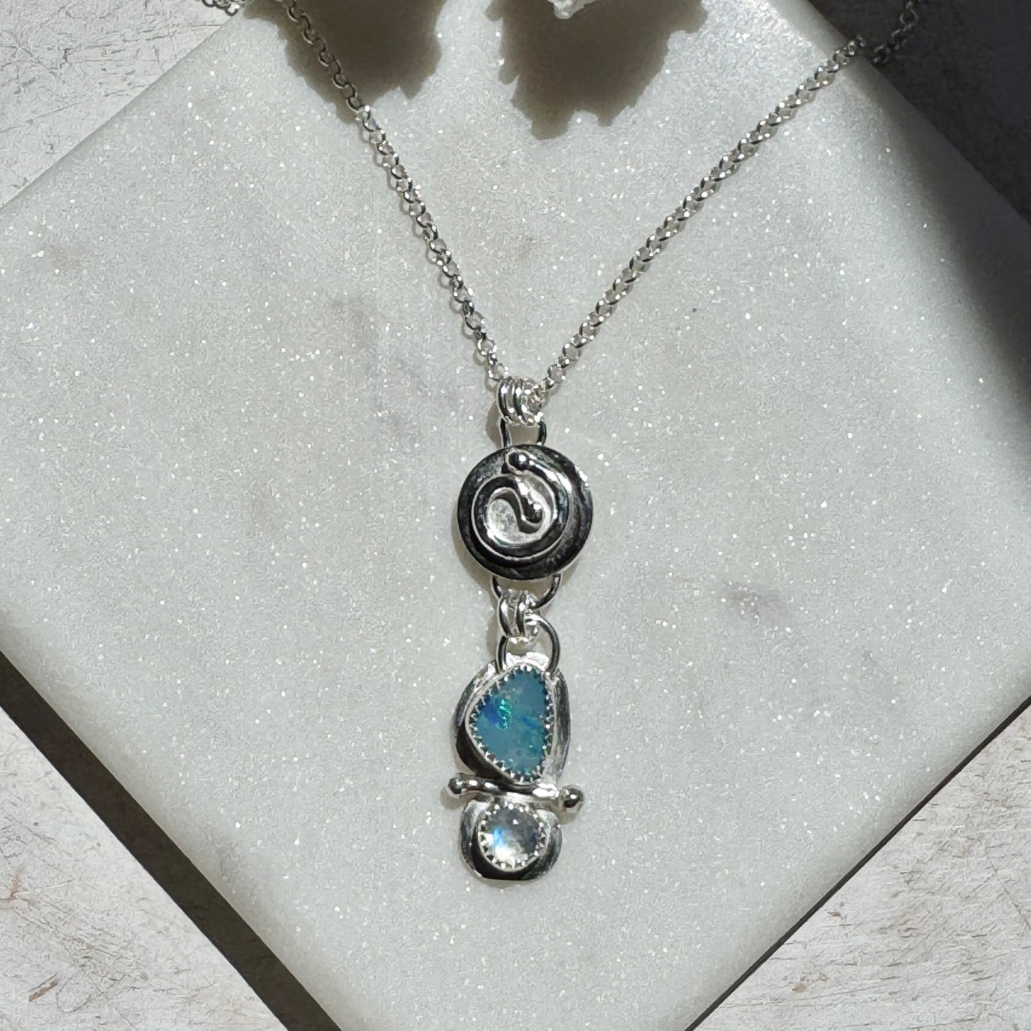 Silver Swirl Australian Blue Opal & Rainbow Moonstone Necklace