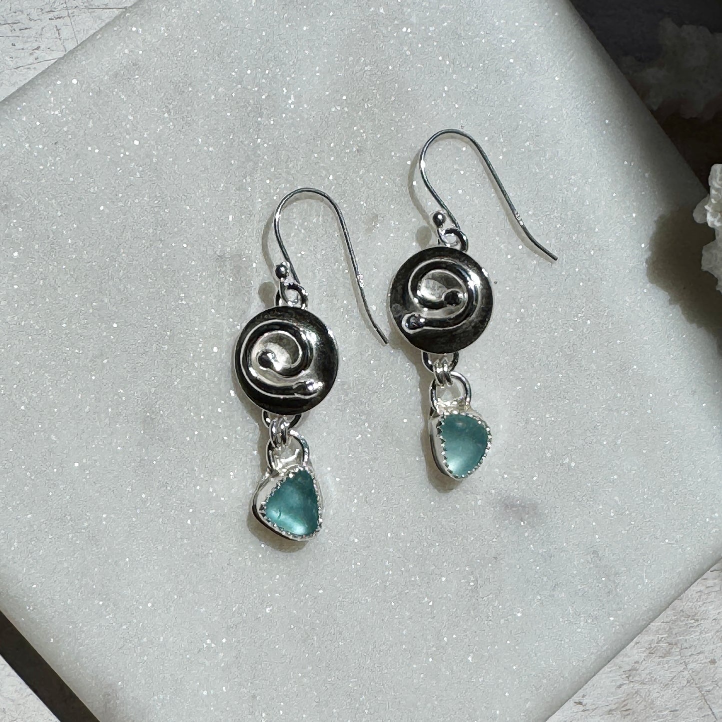 Silver Swirl & Aqua Sea Glass Earrings