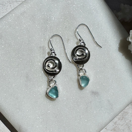 Silver Swirl & Aqua Sea Glass Earrings