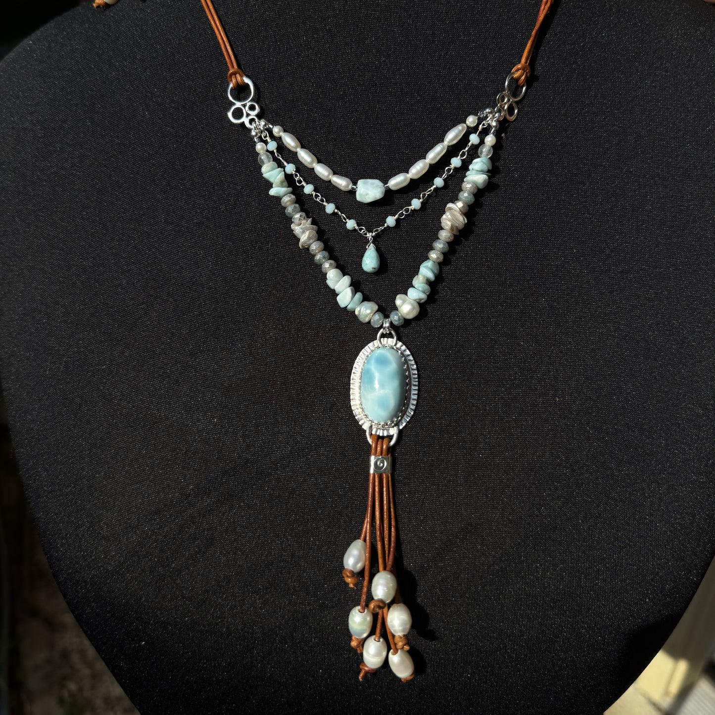 Larimar, Pearl & Leather Adjustable Necklace