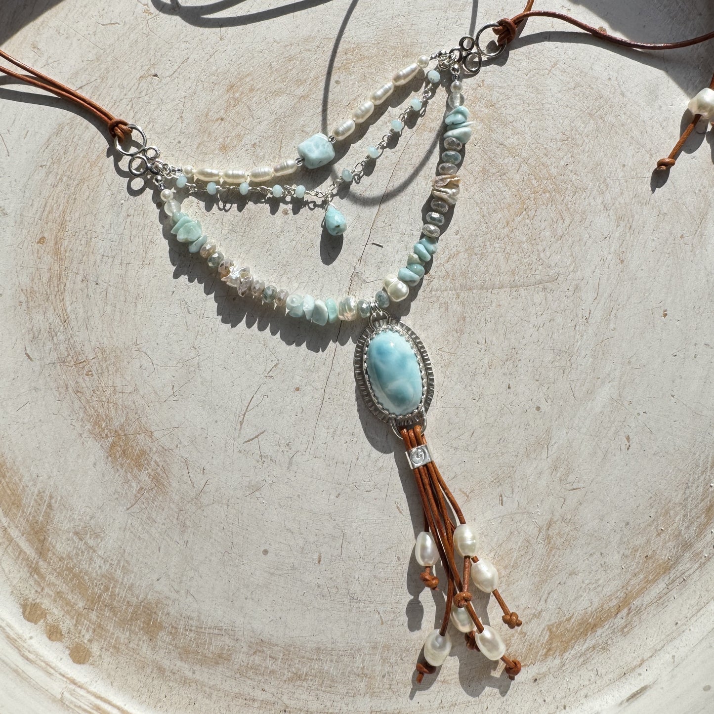 Larimar, Pearl & Leather Adjustable Necklace