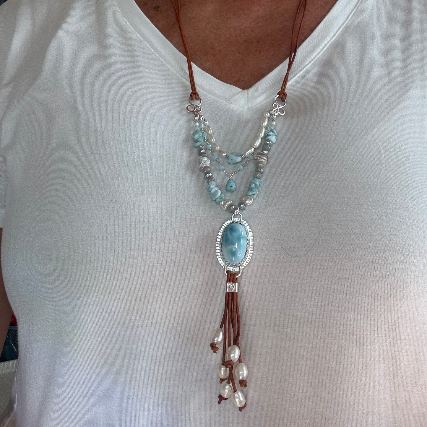 Larimar, Pearl & Leather Adjustable Necklace
