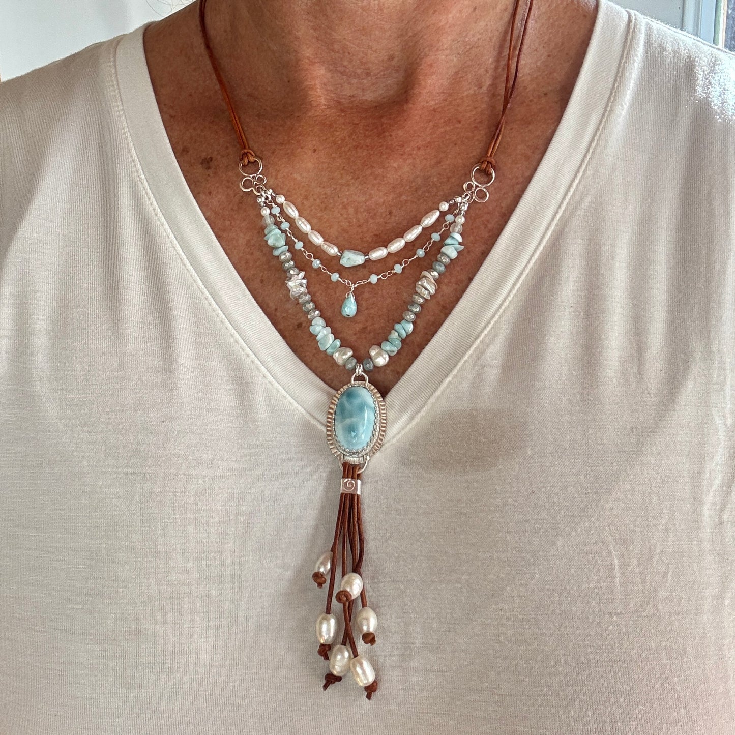 Larimar, Pearl & Leather Adjustable Necklace
