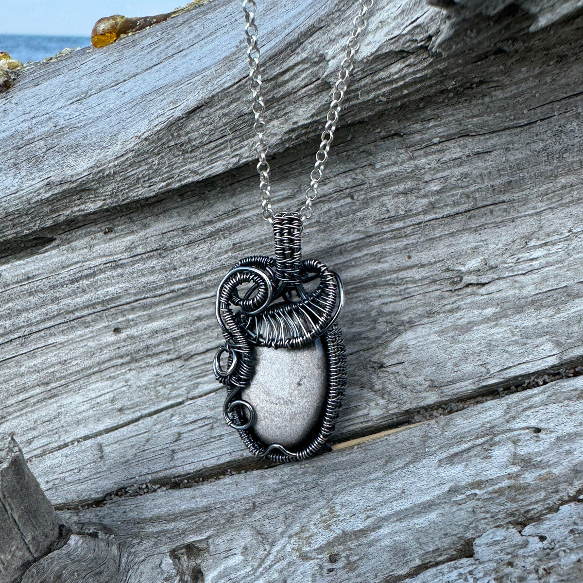 Grey Moonstone Silver Woven Necklace