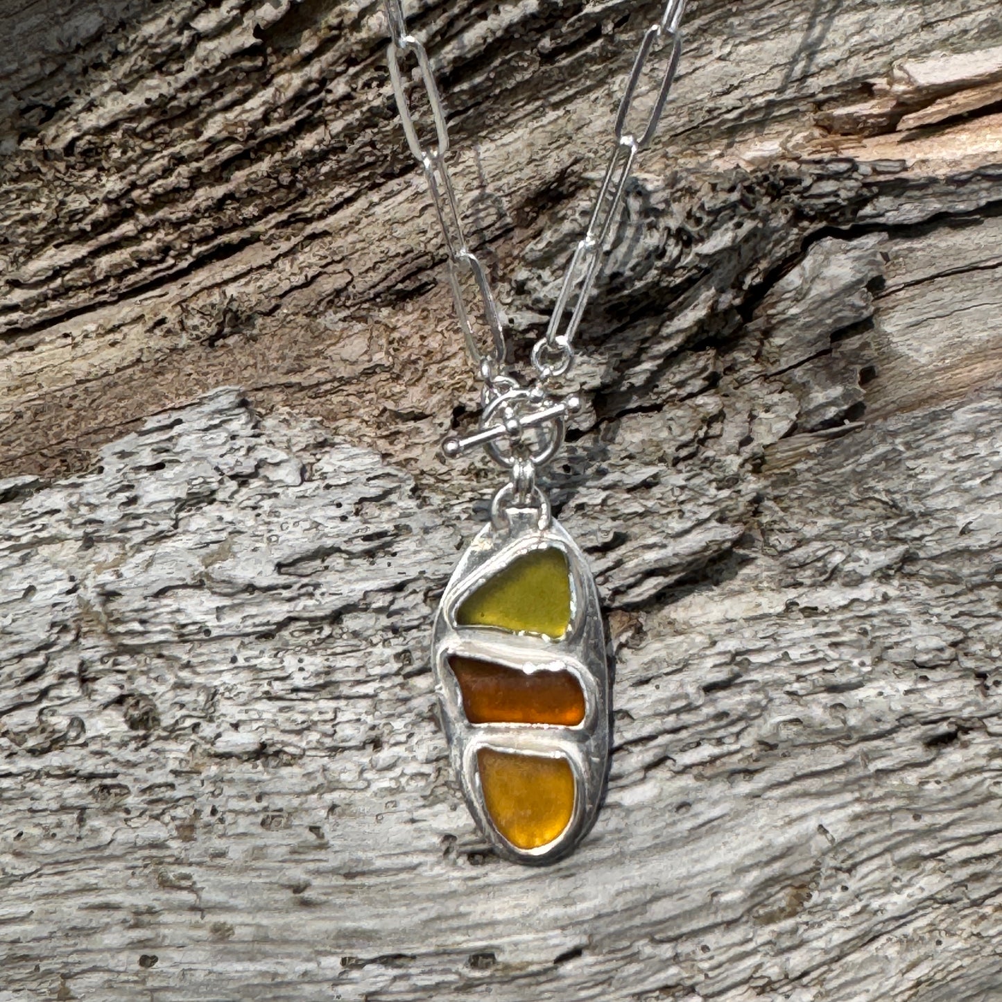 Green, Amber & Honey Sea Glass Toggle Paperclip Necklace