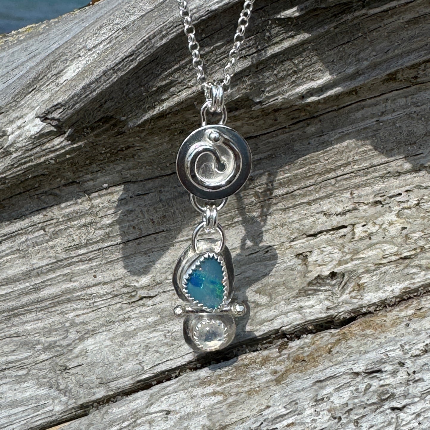 Silver Swirl Australian Blue Opal & Rainbow Moonstone Necklace