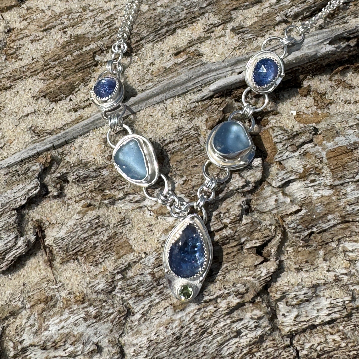 Cornflower Sea Glass, Tanzanite & Green Apatite Necklace