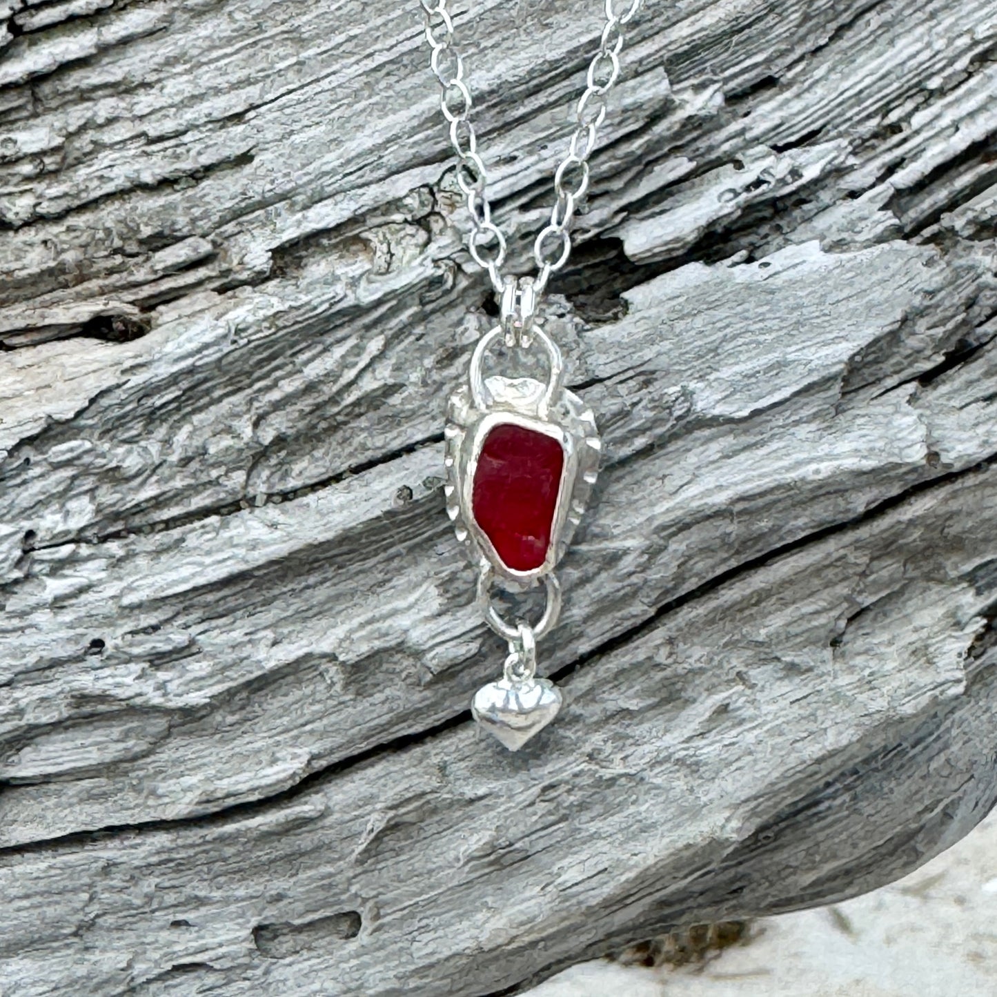 Red Sea Glass & Silver Heart Necklace