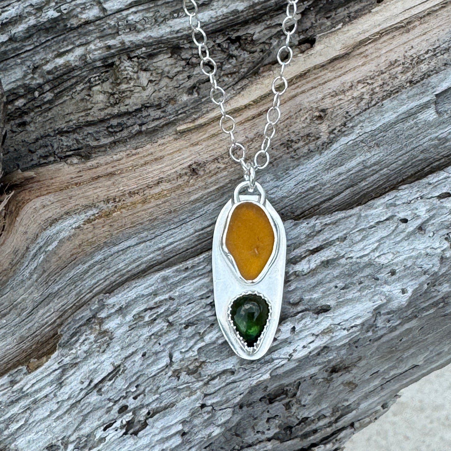 Honey Sea Glass & Green Tourmaline Necklace