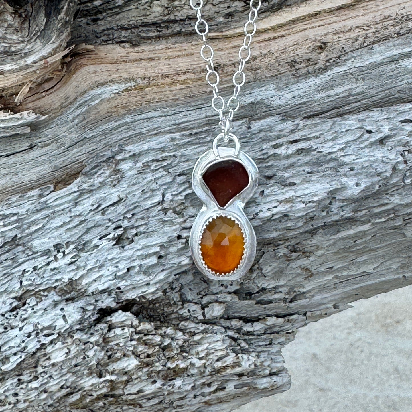 Amber Sea Glass & Hessonite  Garnet Necklace