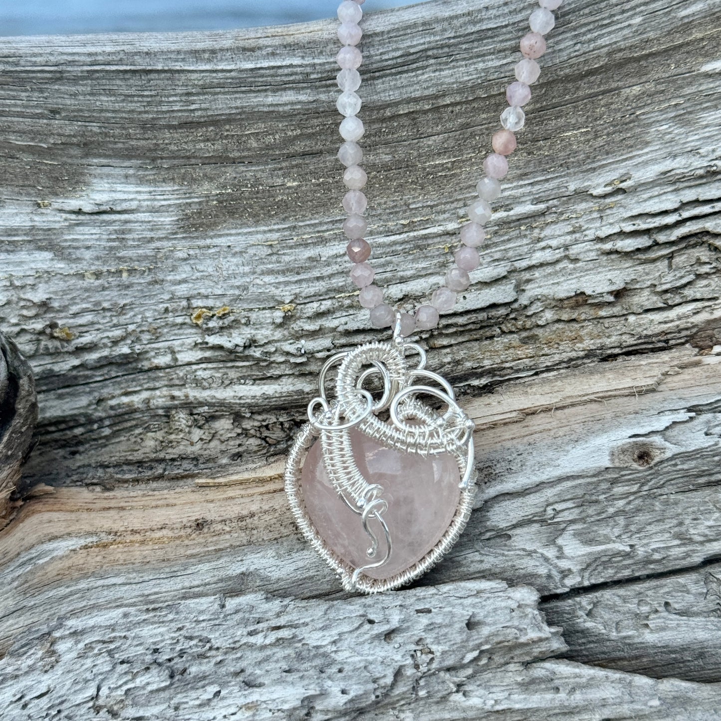 Rose Quartz Woven Silver Heart Necklace