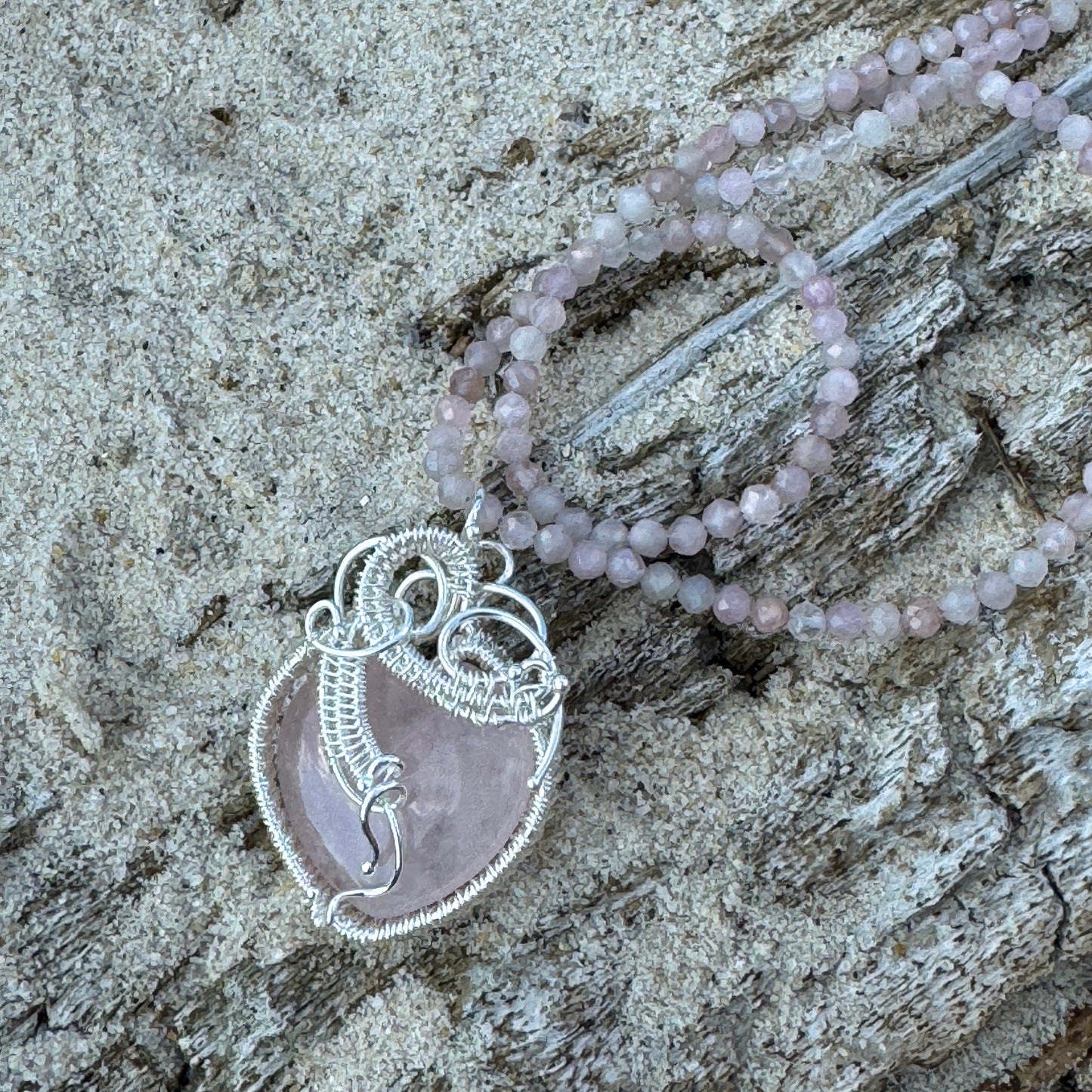 Rose Quartz Woven Silver Heart Necklace
