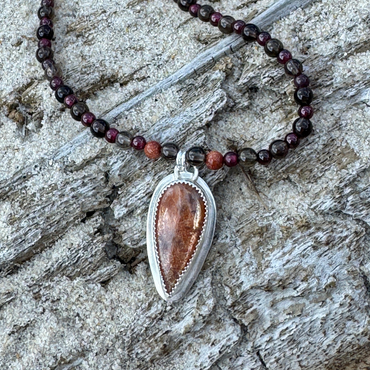 Sunstone, Garnet & Smokey Quartz Gemstone Necklace