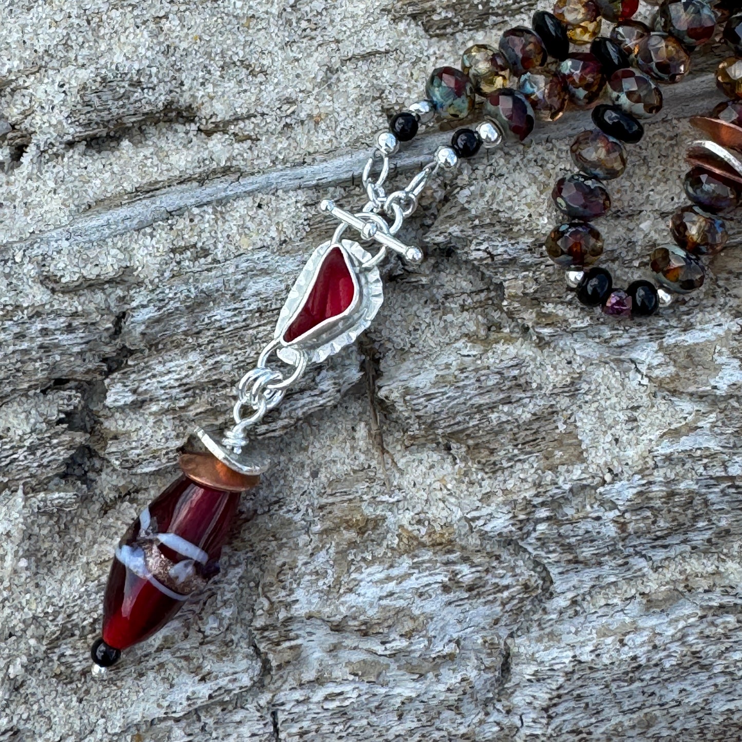 Red Sea Glass, Copper, Silver & Glass Bead Necklace