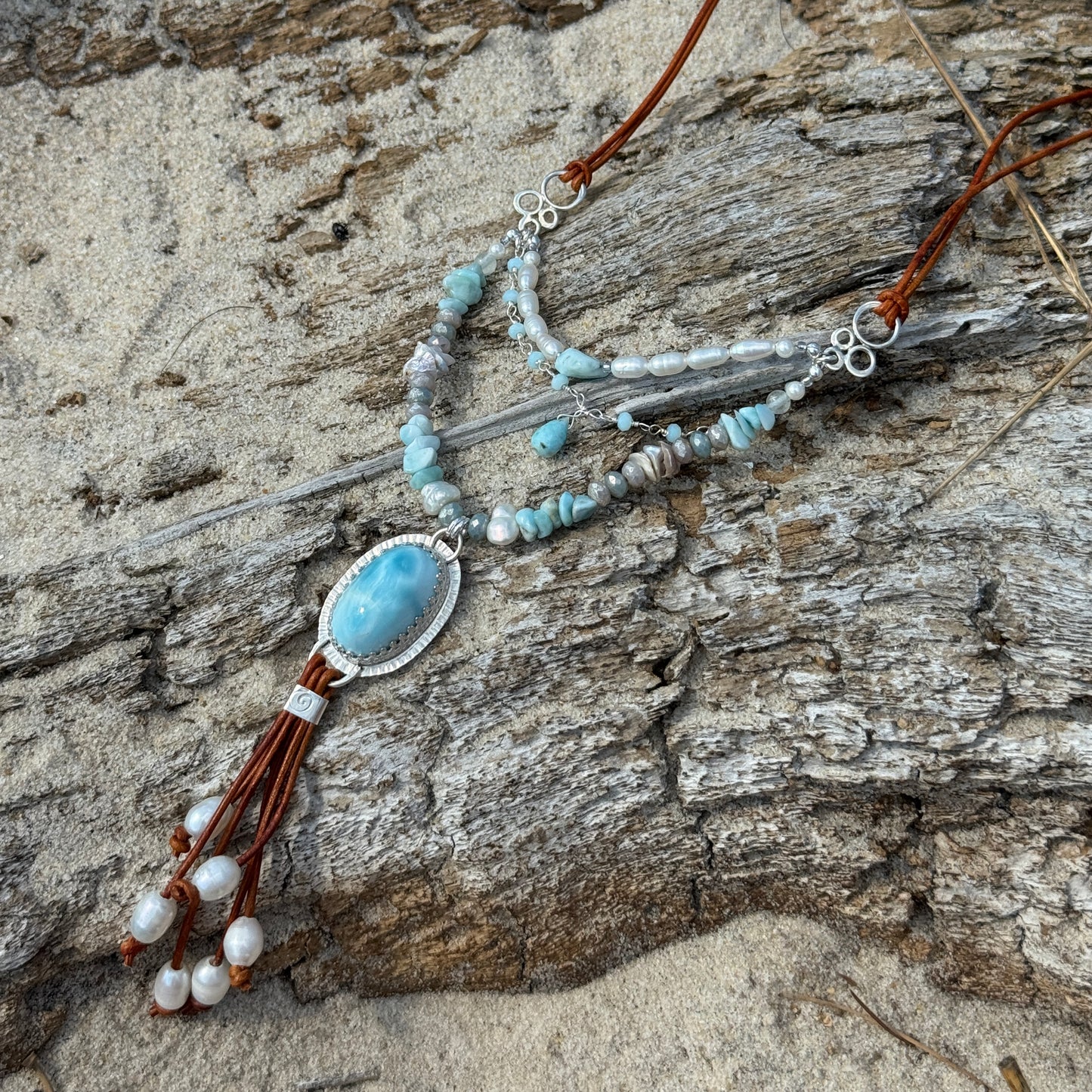 Larimar, Pearl & Leather Adjustable Necklace