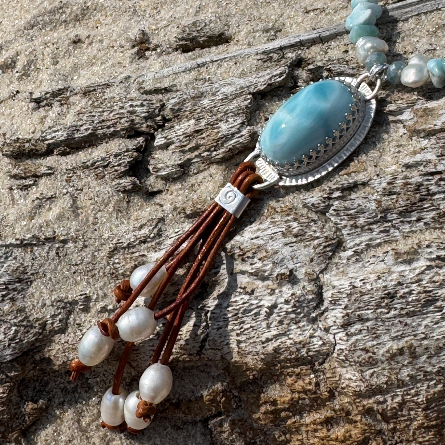 Larimar, Pearl & Leather Adjustable Necklace