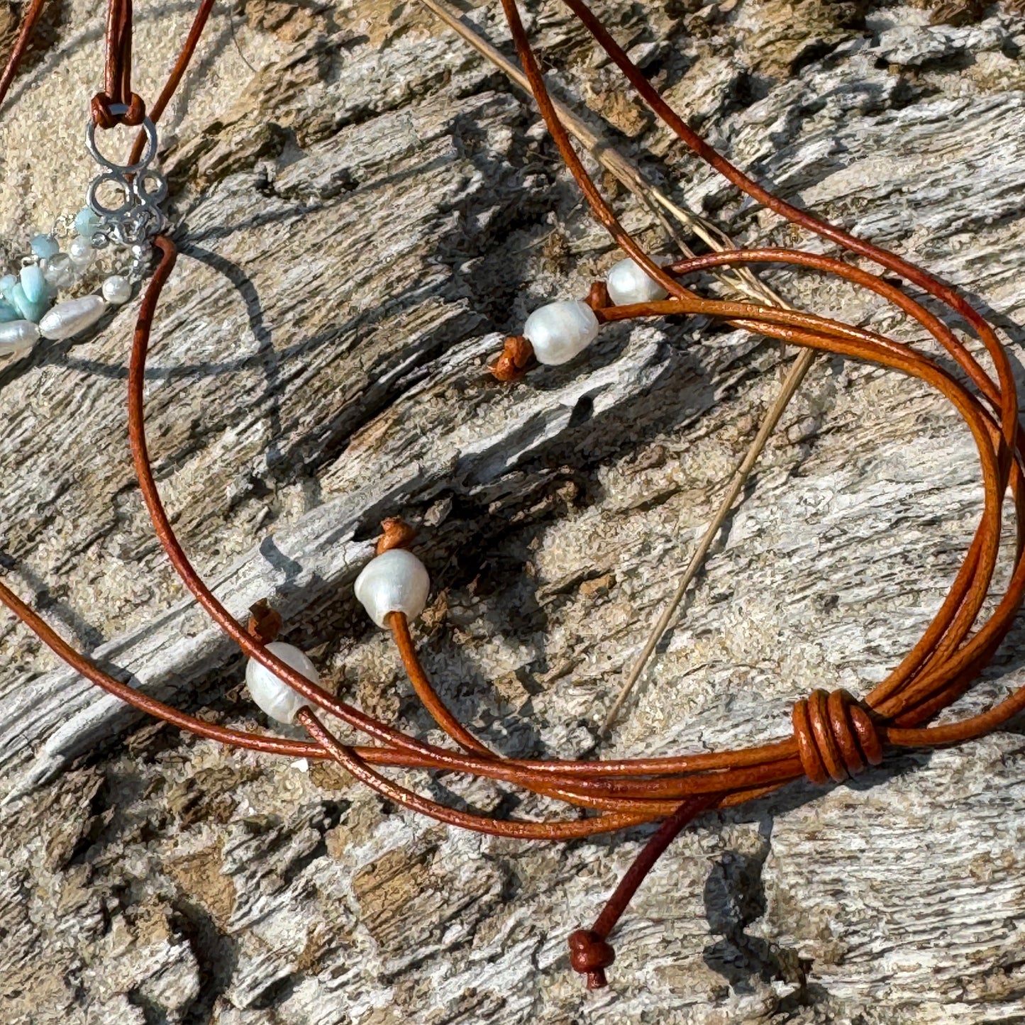 Larimar, Pearl & Leather Adjustable Necklace