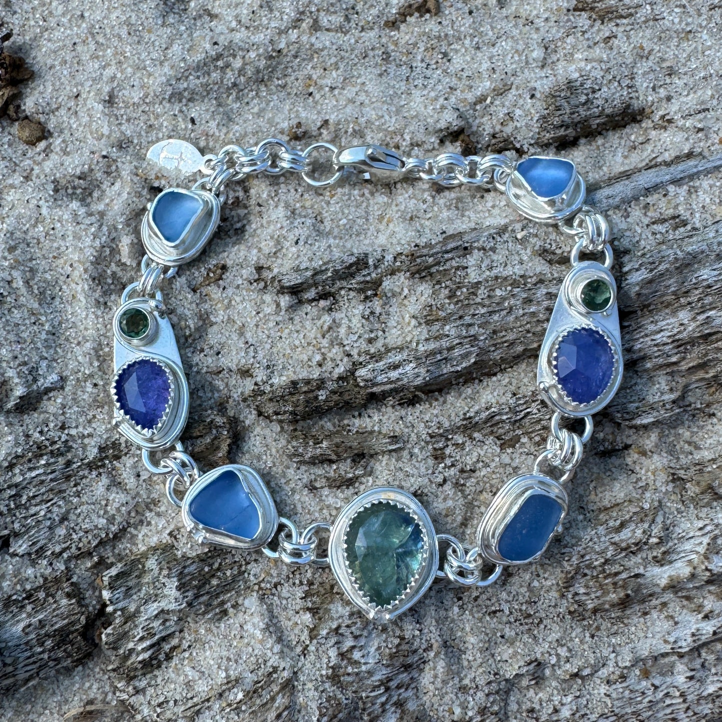 Cornflower Sea Glass, Bi-Color Tanzanite, & Green Apatite Bracelet