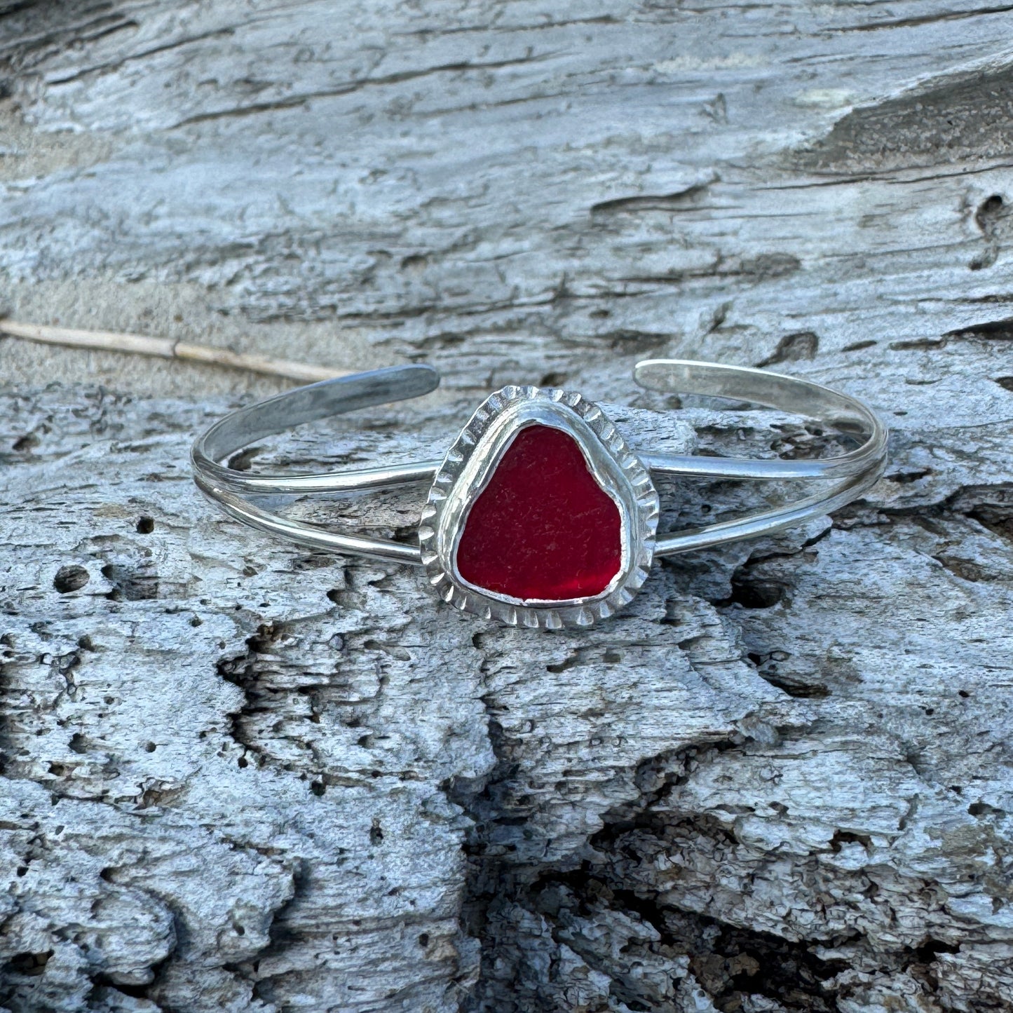 Red Sea Glass Open Silver Cuff Bracelet